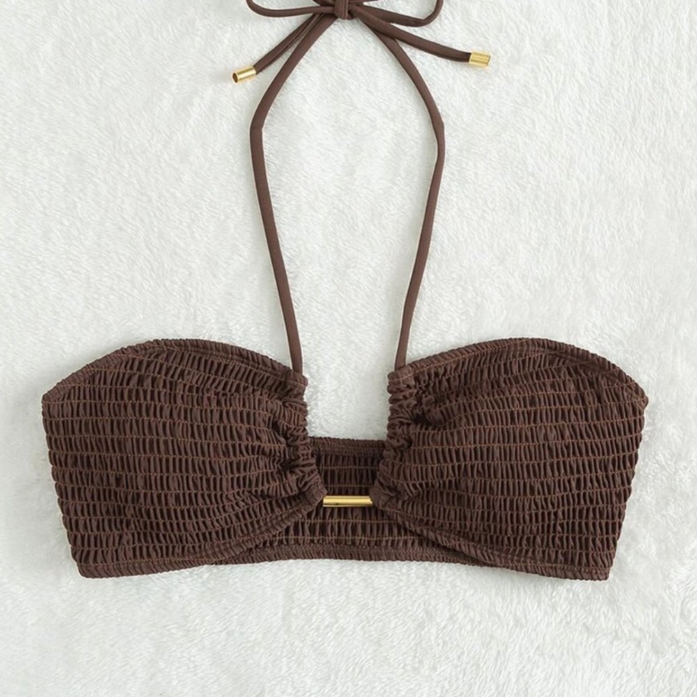 NWT Brown Smocked Bikini Top